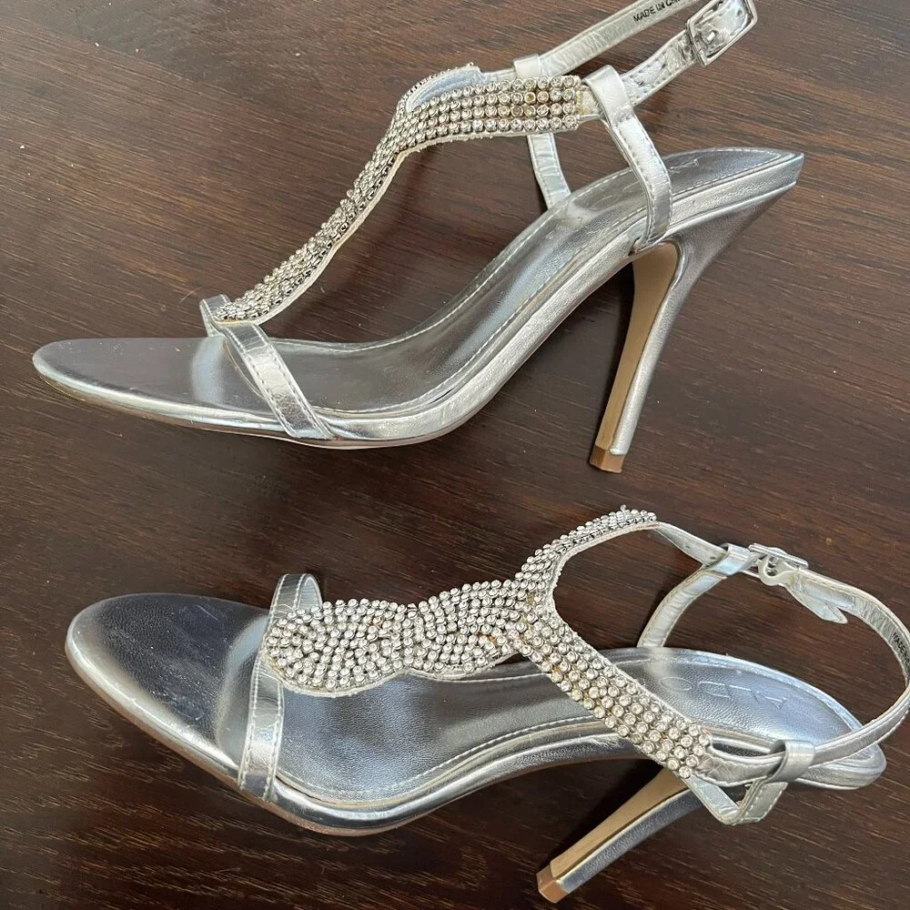 ALDO Embellished Sparkly Silver Rhinestone Strappy Heels Size 6